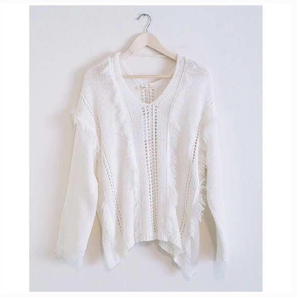 🍃🍂Geo Fringe Crisp White Boho Pullover Sweater - Picture 4 of 9